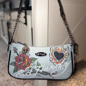 Ed Hardy Rhinestone Tattoo Mini Shoulder Bag Rose Heart Y2K Purse